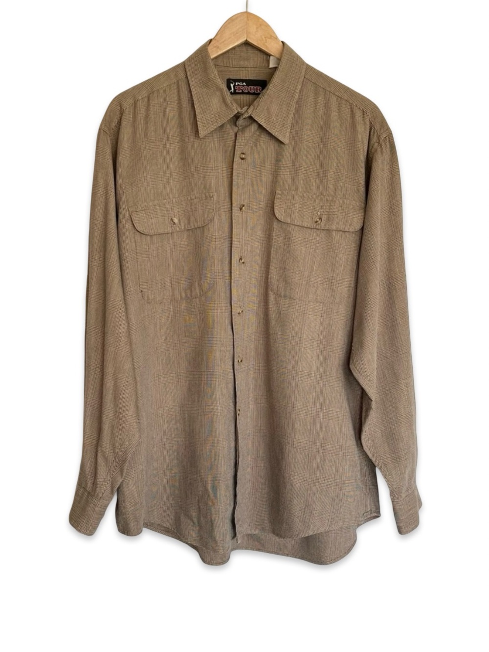 PGA Tour brown houndstooth plaid button up shirt Men’s plaid collared shirt